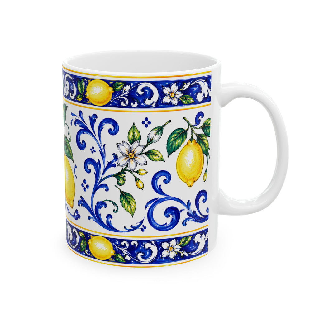 Little Italy Amalfi Blue and White with Lemon Mug — Italian Mediterranean Pattern Coffee Cup (11oz)