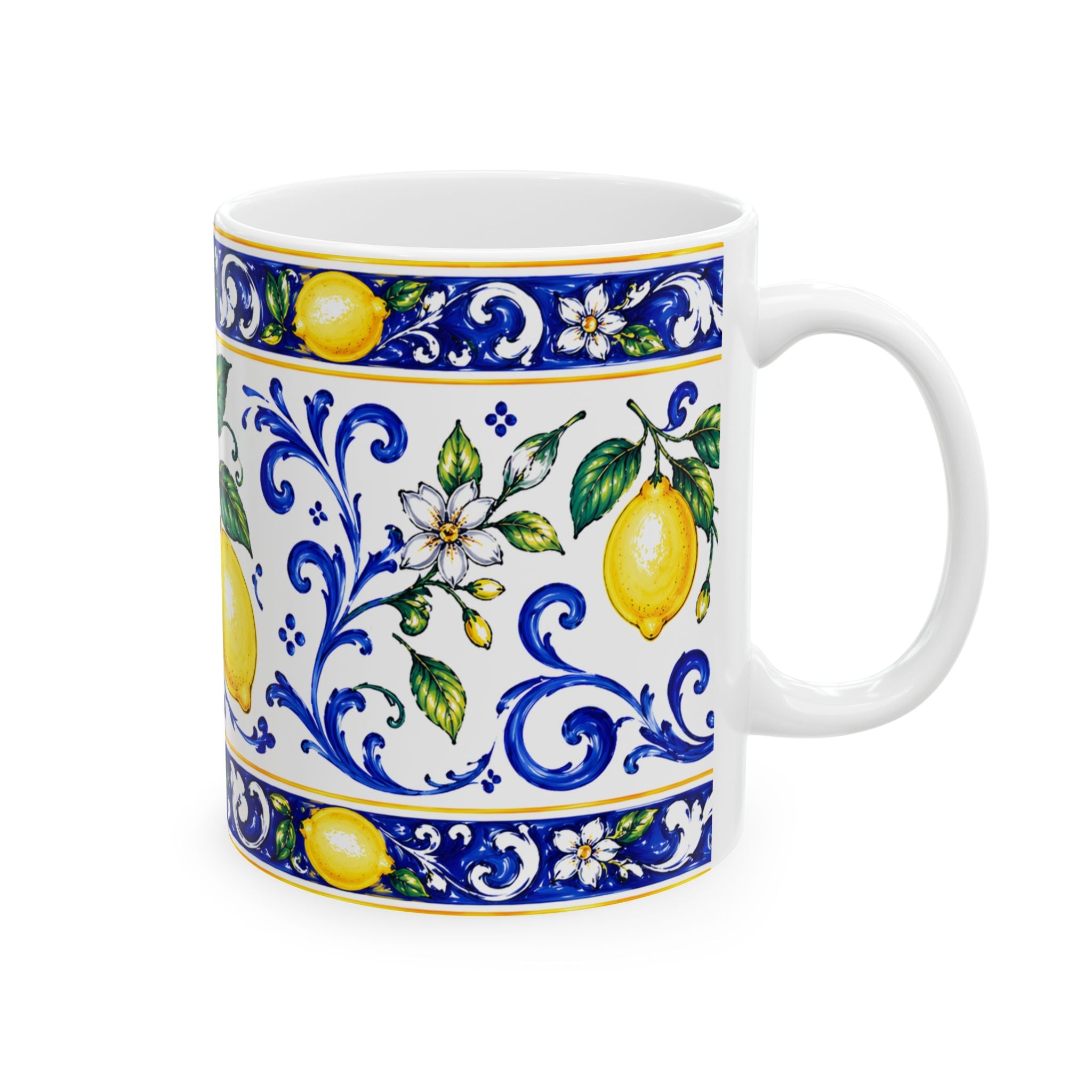 Little Italy Amalfi Blue and White with Lemon Mug — Italian Mediterranean Pattern Coffee Cup (11oz)