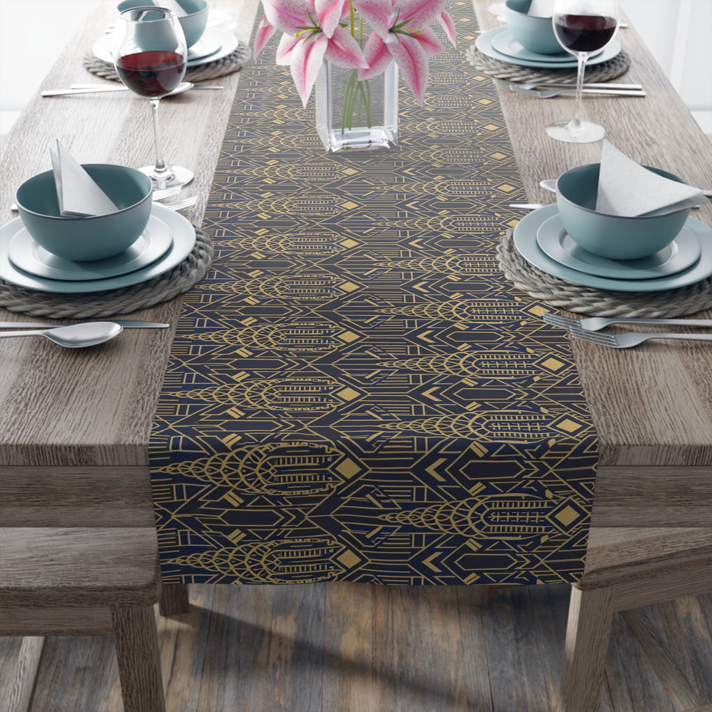 Art Deco Chrysler Building Navy & Gold Table Runner — NYC Elegant Geometric Tabletop Dining Decor