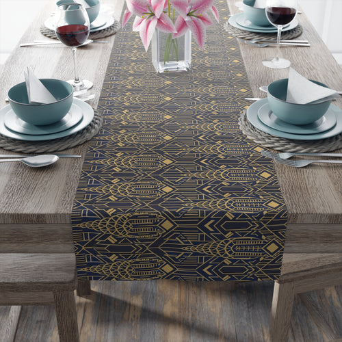 Art Deco Chrysler Building Navy & Gold Table Runner — NYC Elegant Geometric Tabletop Dining Decor