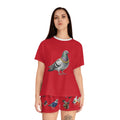 Red NYC Pigeons Pattern Short Pajama Set | New York City Bird Lovers PJs Cozy Sleepwear