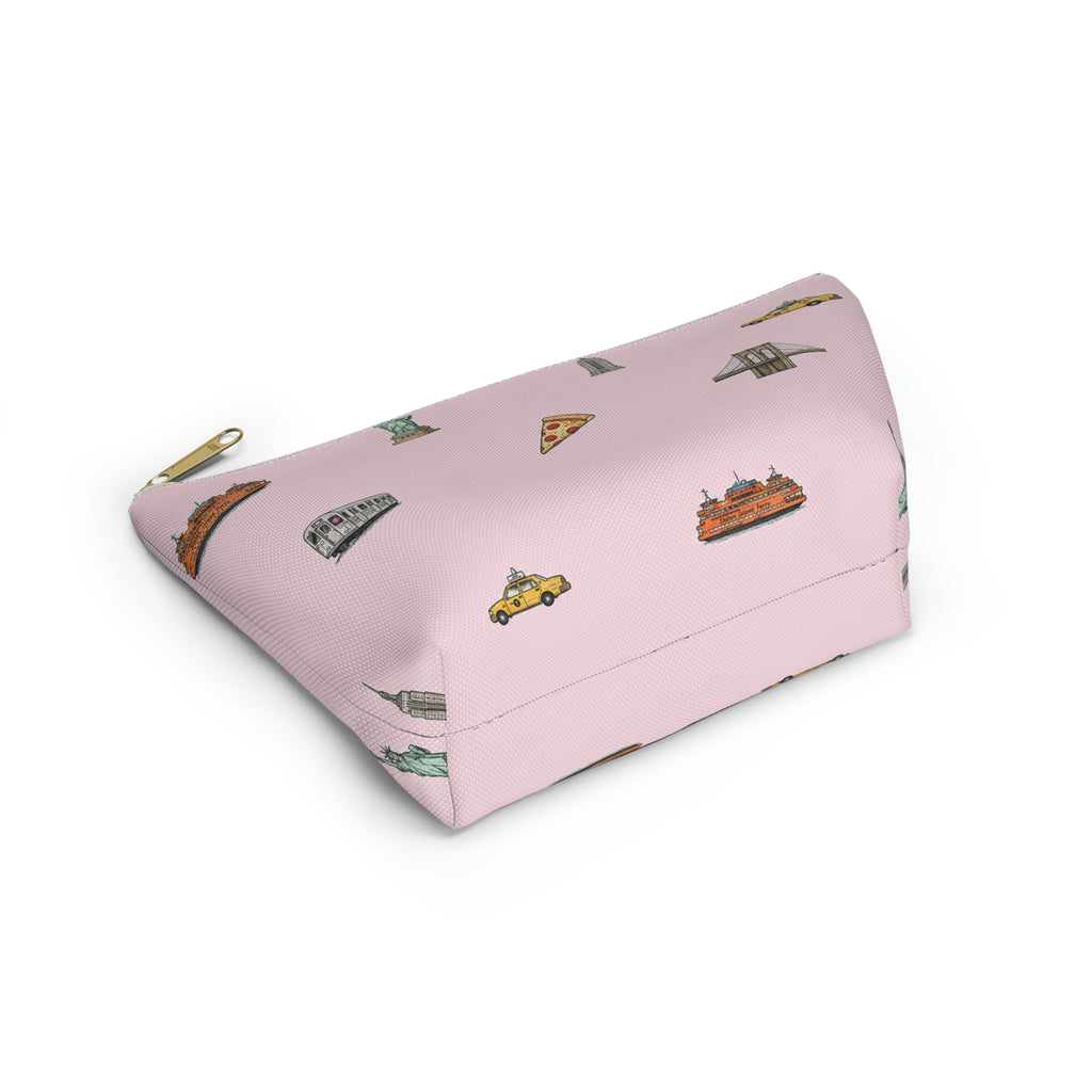 Icons of New York City Pink  Accessory Pouch — T-Bottom Makeup Bag with Statue of Liberty, Taxi & Pizza Pattern