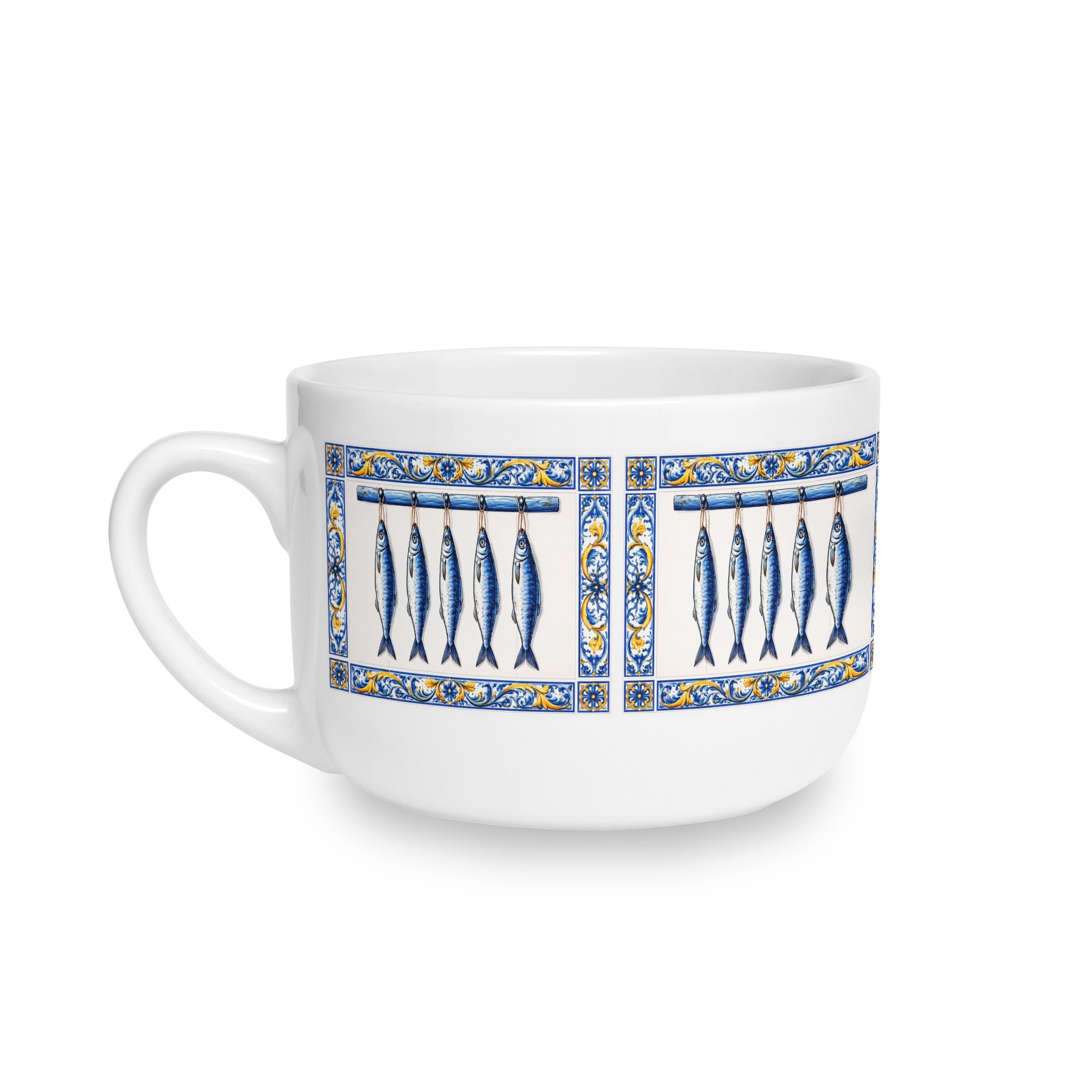 East Hampton Azulejos-style Blue and Yellow Fish Tile Bowl  25oz Ceramic Soup Bowl