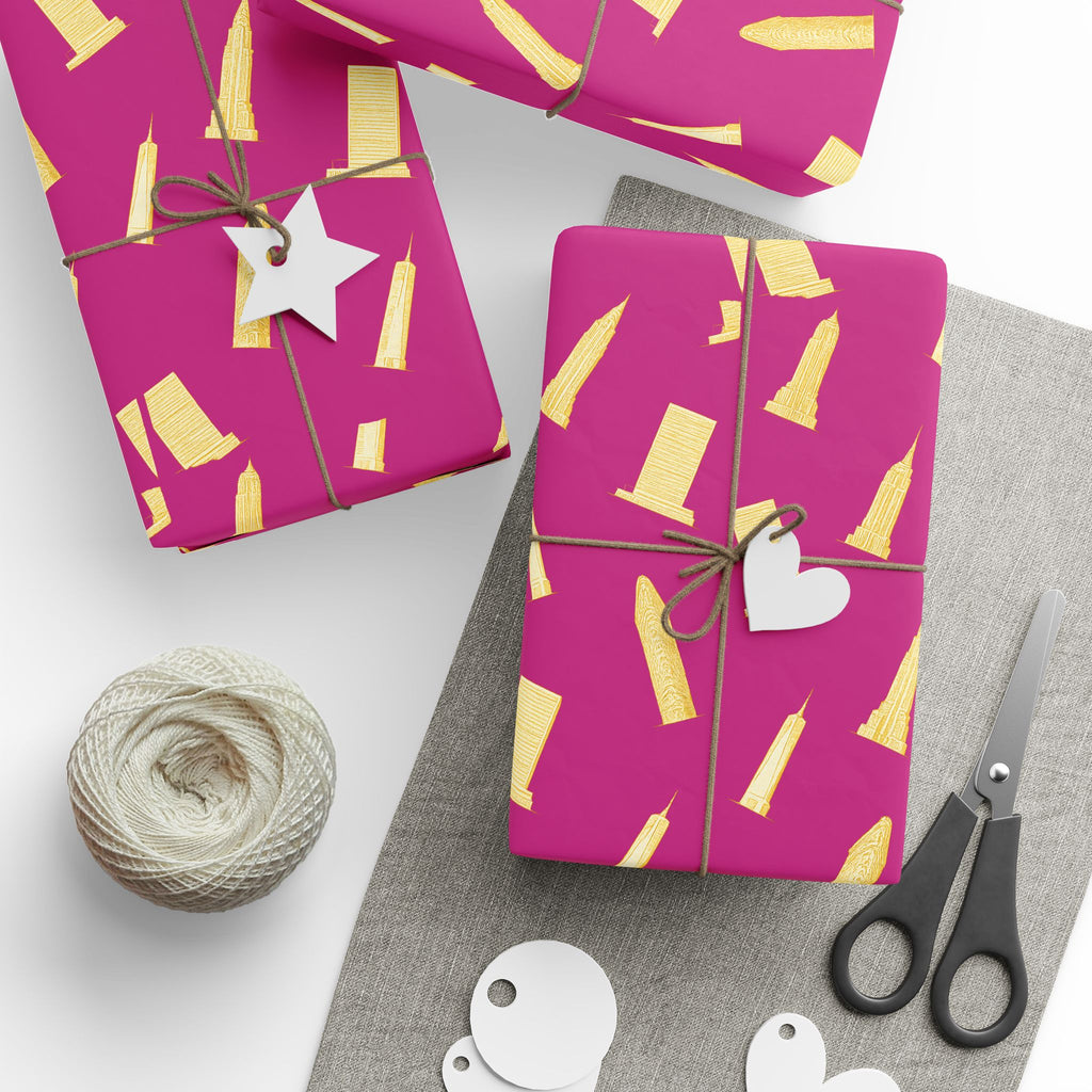 NYC Architecture Gold on Pink Pattern Gift Wrap Paper | Iconic New York Buildings Empire State Chrysler Flatiron Wrapping Paper