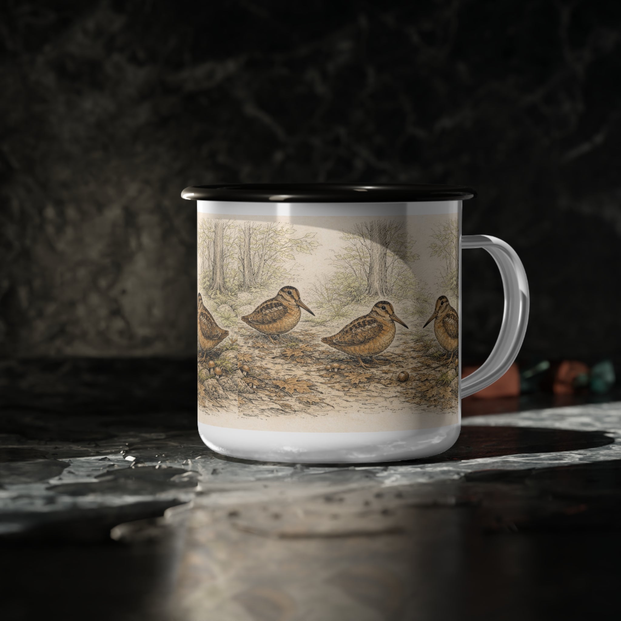 Bryant Park American Woodcock Enamel Camping Mug — Woodcock Bird Illustration, Rustic Outdoor Campgrounds Coffee Cup
