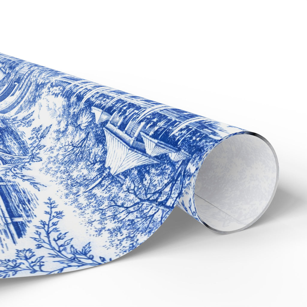Central Park Blue Toile NYC Wrapping Paper | New York City Scenic Toile Pattern Roll