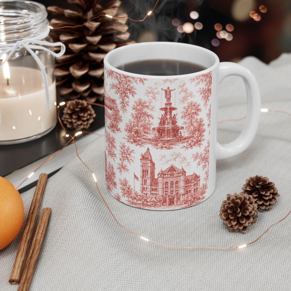 Cincinnati Red Toile de Jouy Ceramic Mug — Coffee Mug 11oz