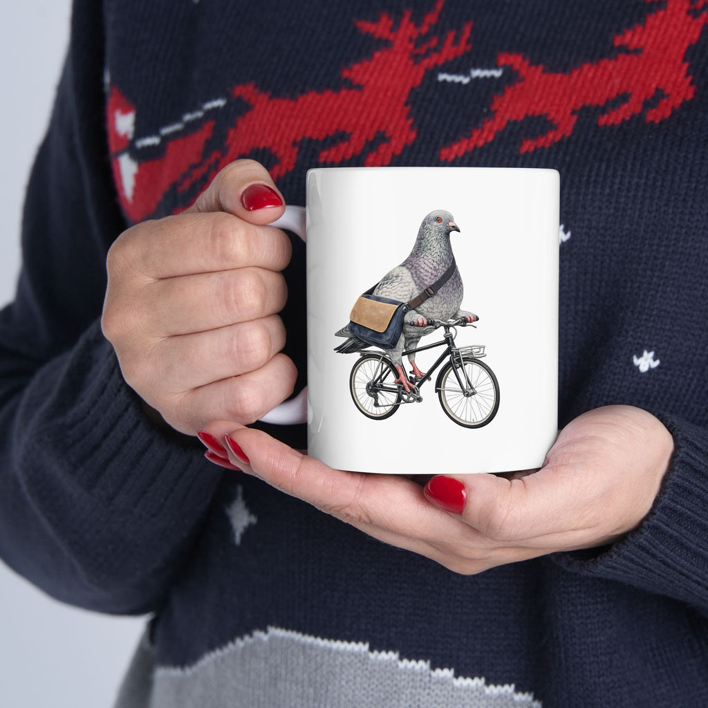 Customizable Midtown NYC Pigeon Mug | New York Bike Messenger Bird Lovers Ceramic Coffee Cup