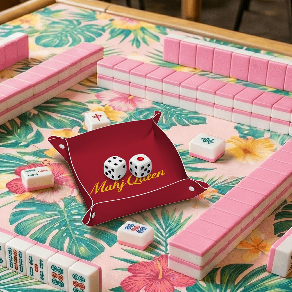 Mahj Queen Maroon PVC Leather Mahjong Dice Tray Red Canvas