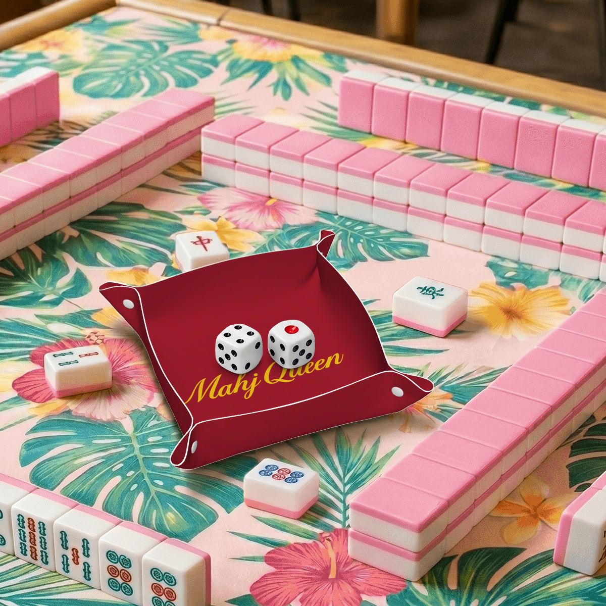 Mahj Queen Maroon PVC Leather Mahjong Dice Tray Red Canvas