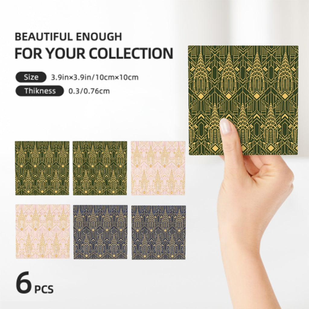 Art Deco Chrysler Building Square  Coasters 6 Piece Set (Green, Pink, Blue)