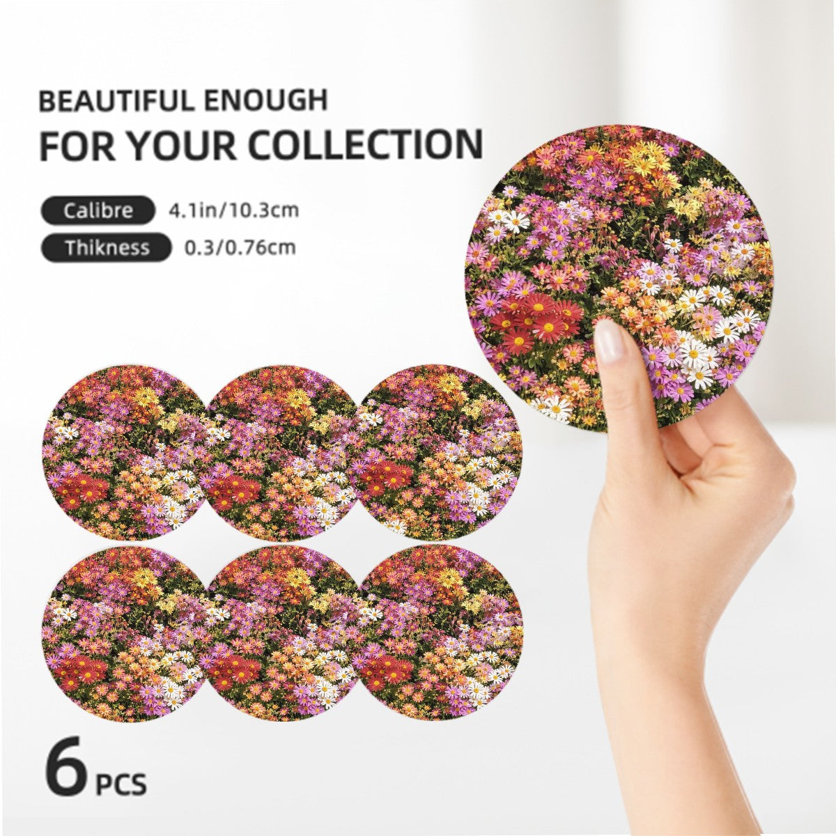 Central Park Korean Chrysanthemum Flowers Round Ceramic Coasters Set of Six