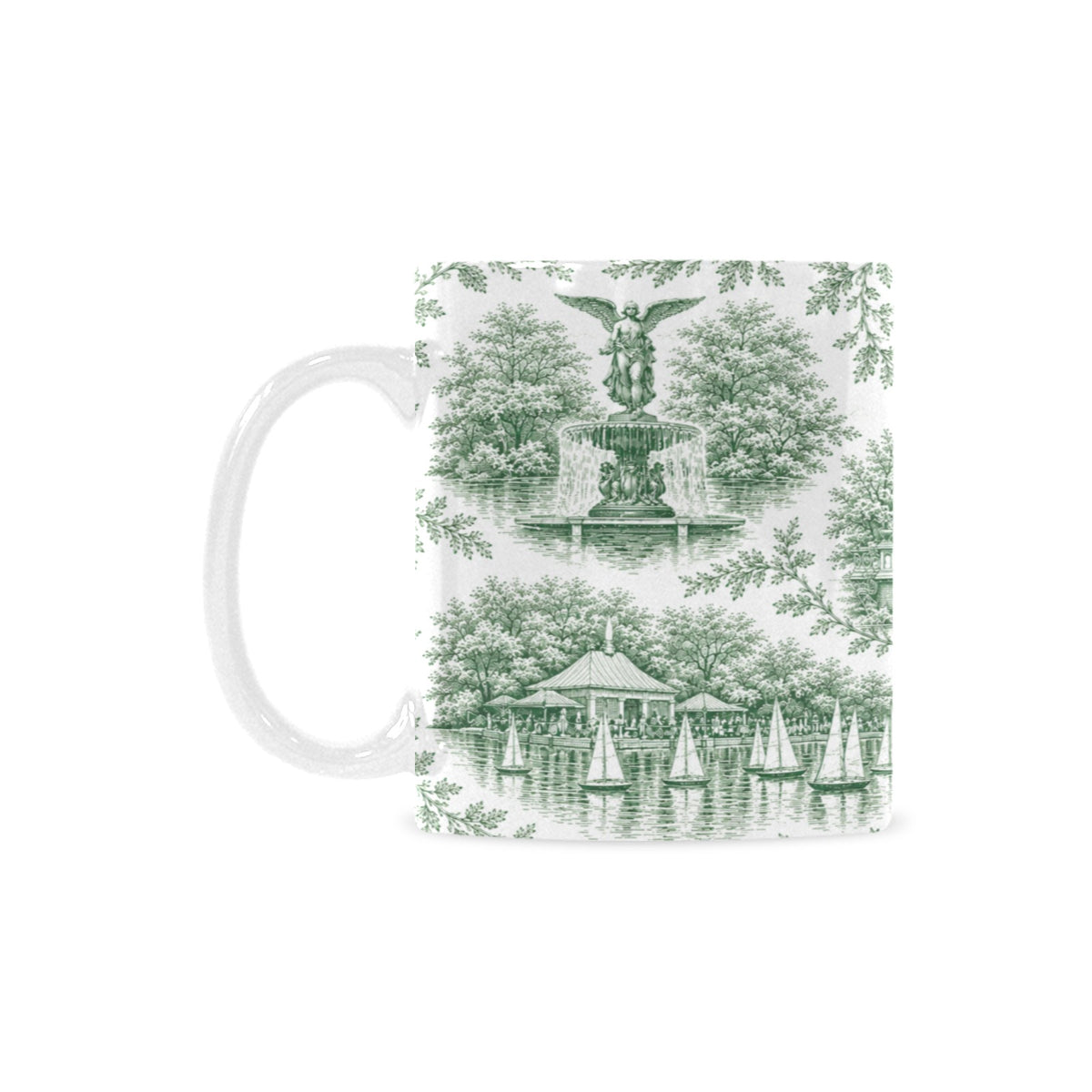Central Park Green Toile de Jouy Mug | Manhattan Chinoiserie Ceramic Coffee Cup Custom White Mug (11oz)