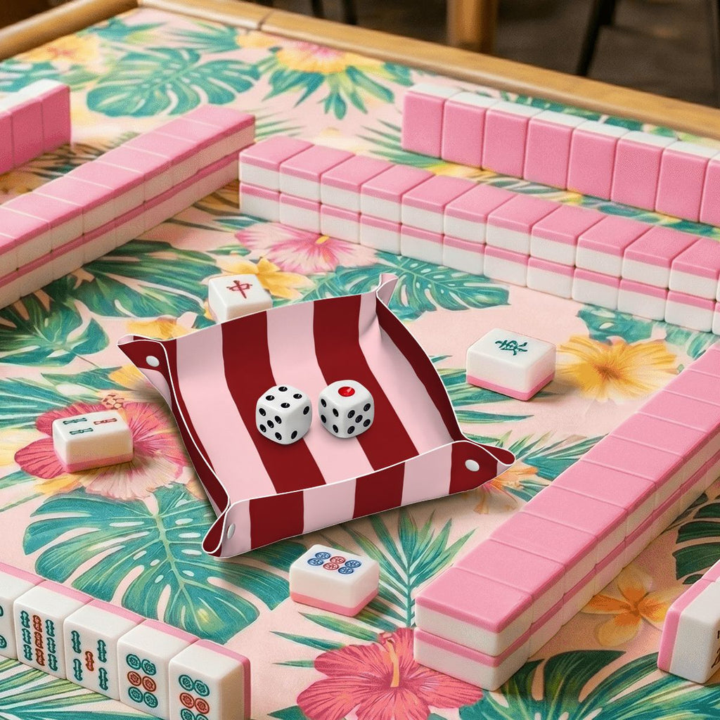 Blush and Maroon Stripes PVC Leather Mahjong Dice Tray