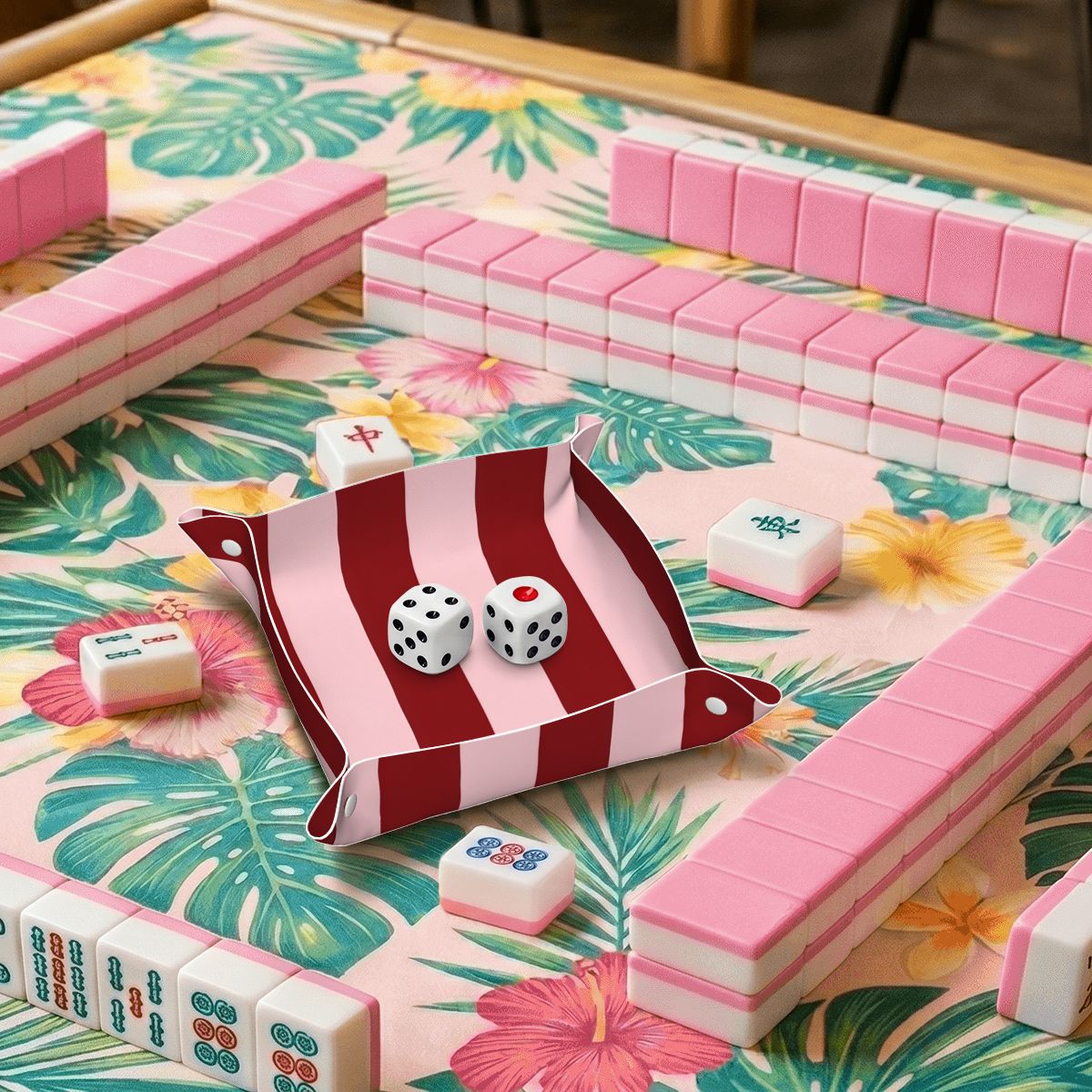 Blush and Maroon Stripes PVC Leather Mahjong Dice Tray
