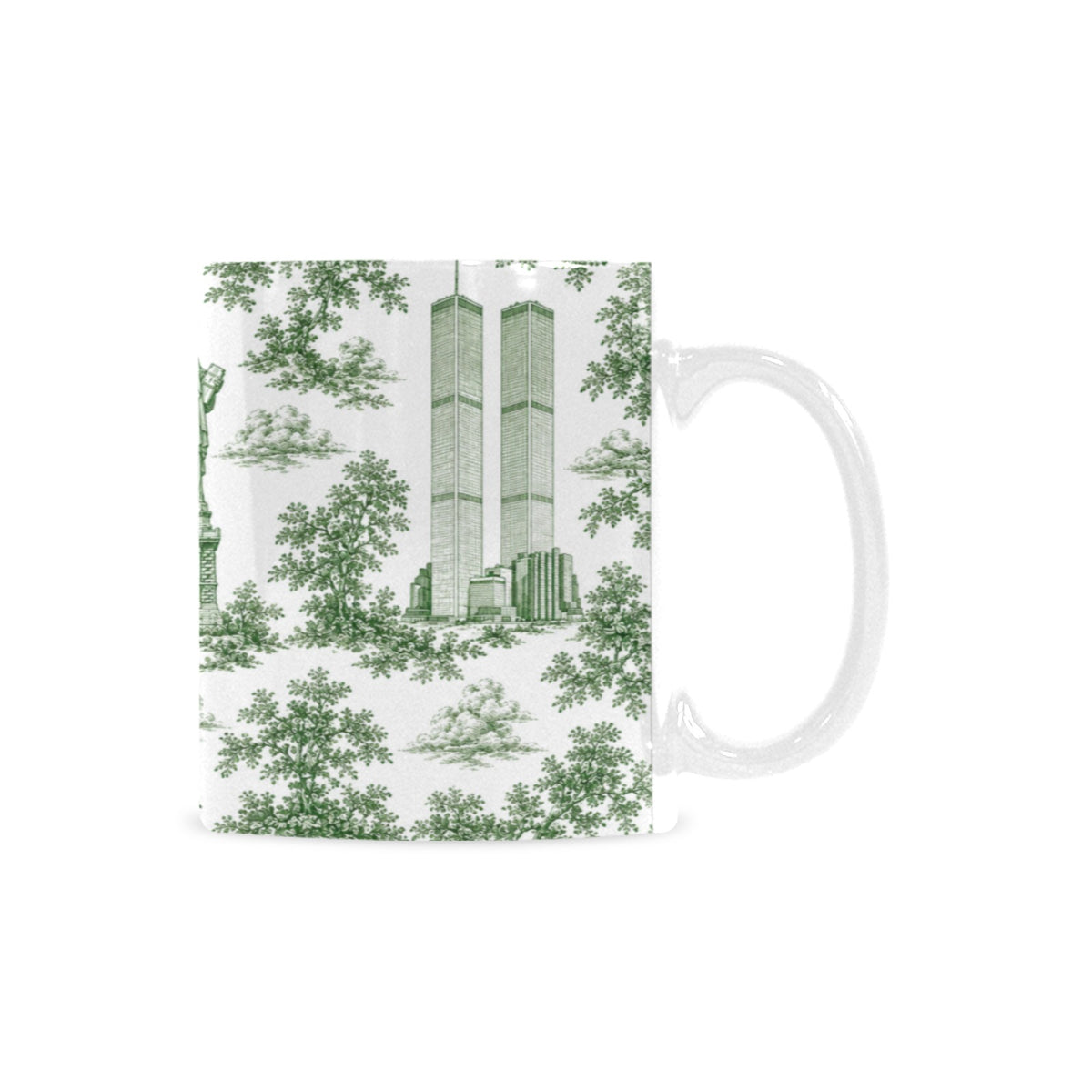 Manhattan Green Toile de Jouy Mug with Twin Towers | New York City Chinoiserie Ceramic Mug Custom White Mug (11oz)