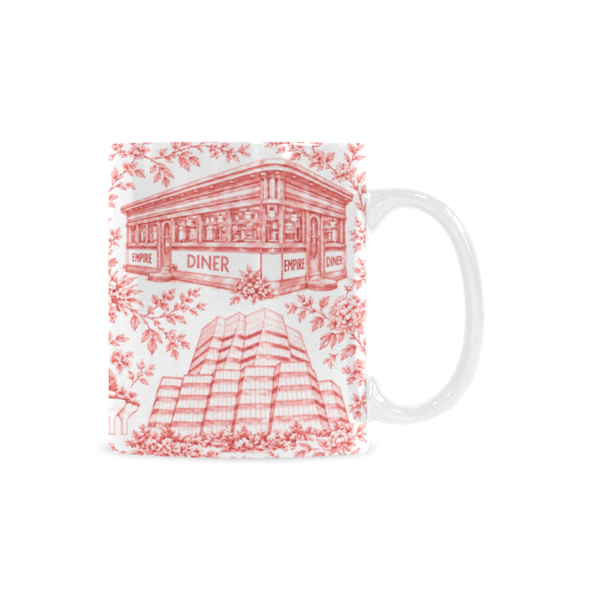 Chelsea Red Toile De Jouy Mug | Manhattan Chinoiserie Coffee Cup Custom White Mug (11oz)