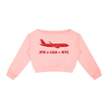 Travel Day NYC Airport Comfy Off-Shoulder Sweatshirt -- "JFK v LGA = NYC" Travel Math Airplane Crop Top