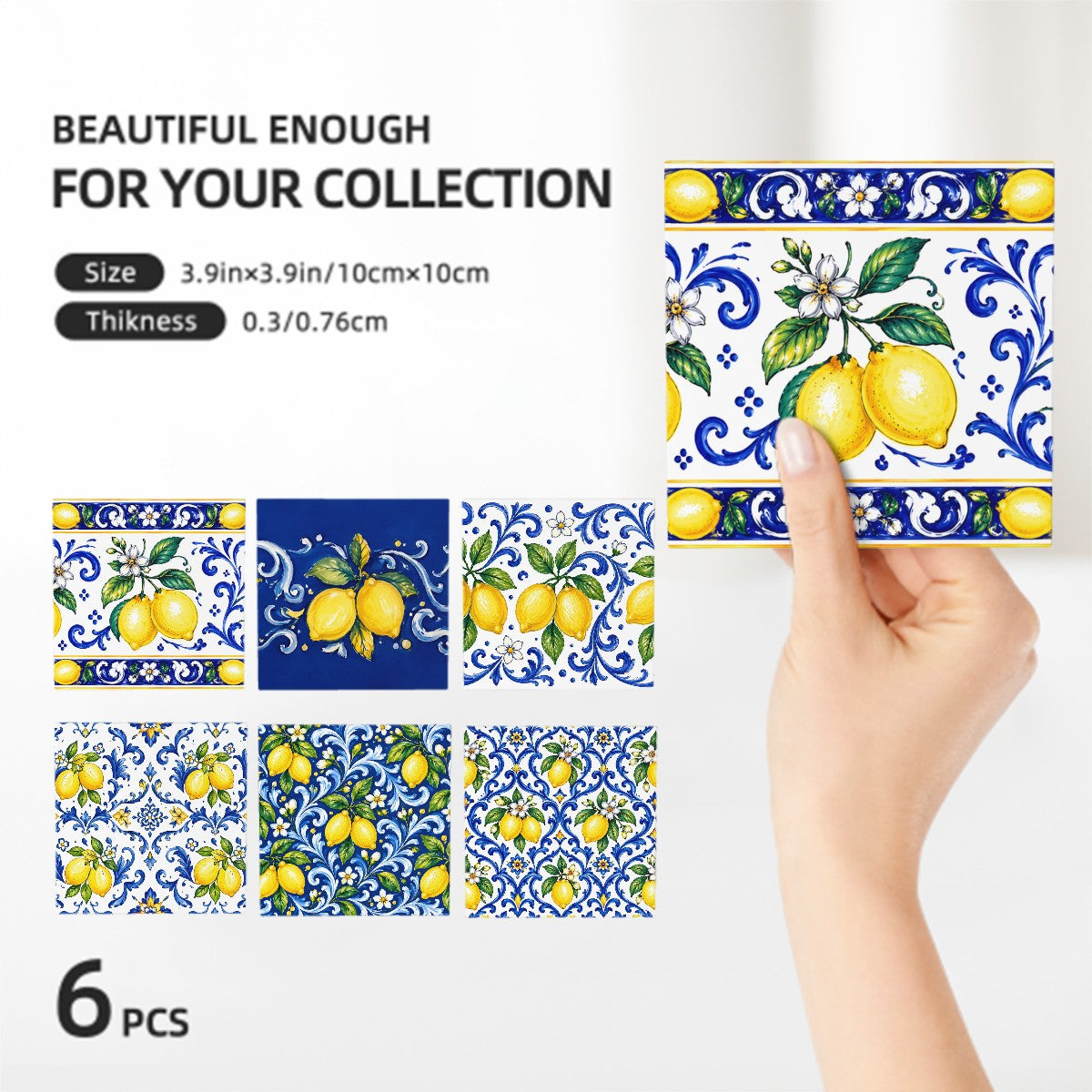 Little Italy Amalfi Blue and White with Lemon Majolica Tile-Style Coaster Set of Six