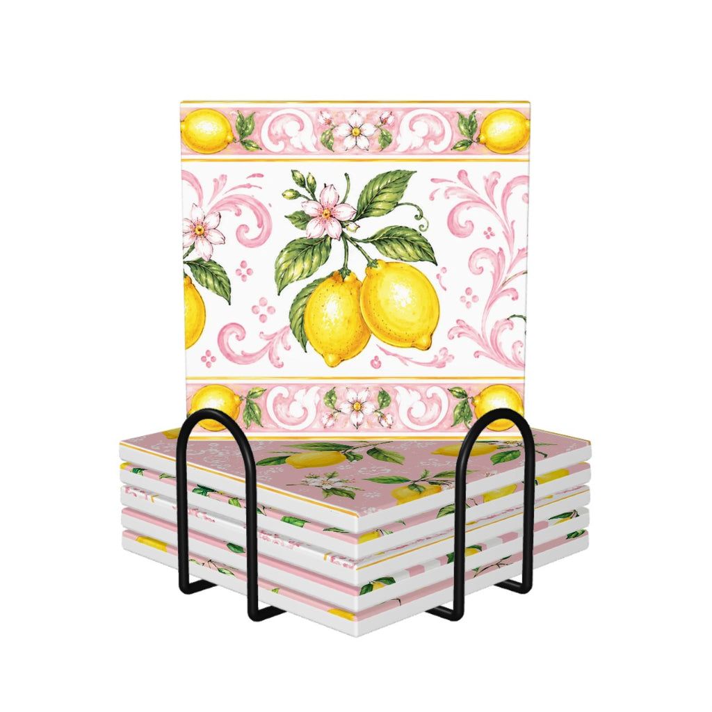 Little Italy Amalfi Pink with Lemon Majolica Tile-Style Coaster Set of Six