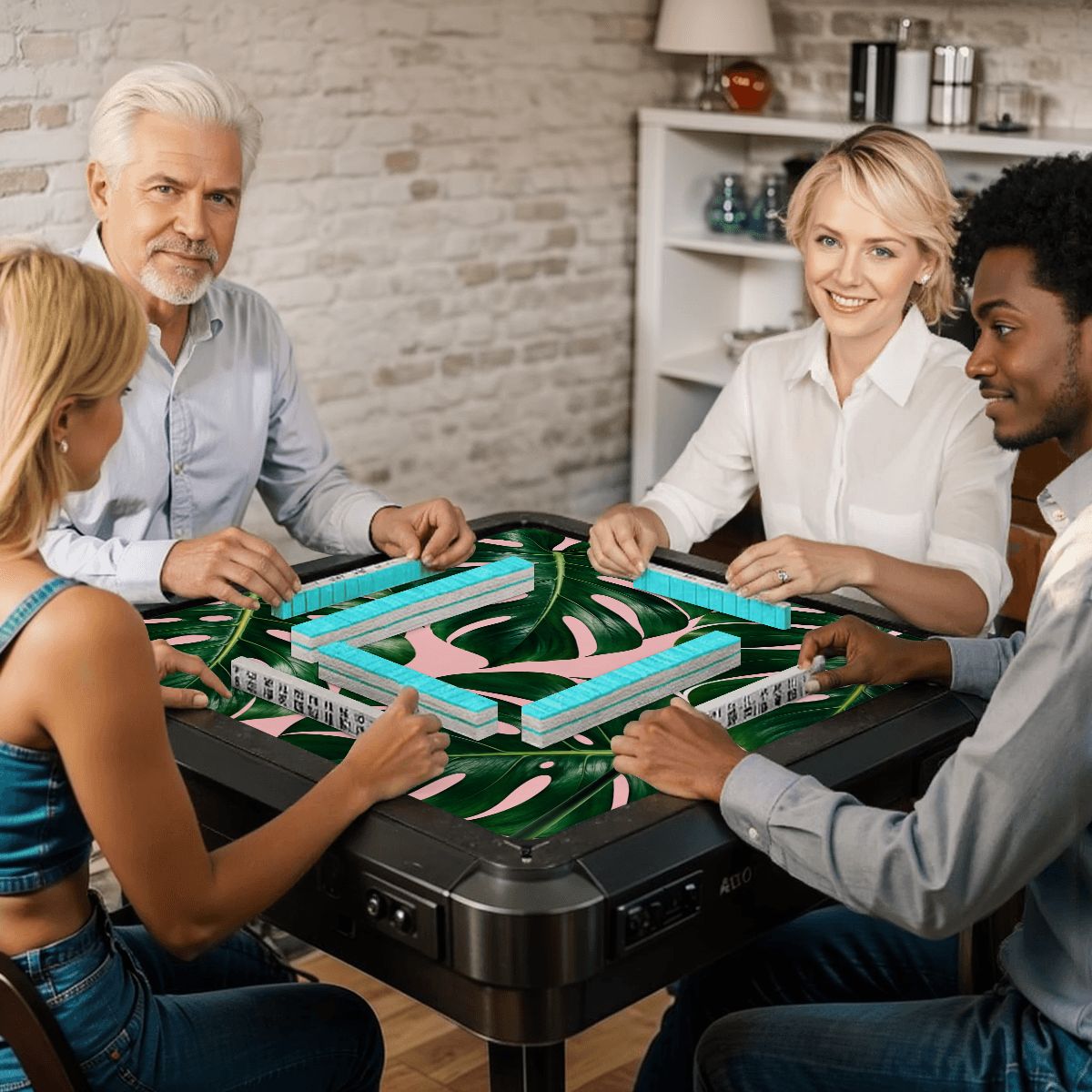 Green Monstera on Pink Mahjong Mat 31.5"x31.5" (Ship Folded)