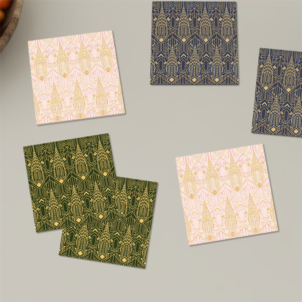 Art Deco Chrysler Building Square  Coasters 6 Piece Set (Green, Pink, Blue)