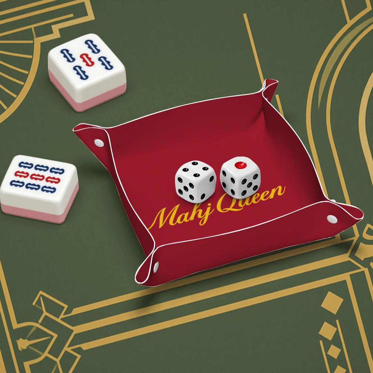 Mahj Queen Maroon PVC Leather Mahjong Dice Tray Red Canvas