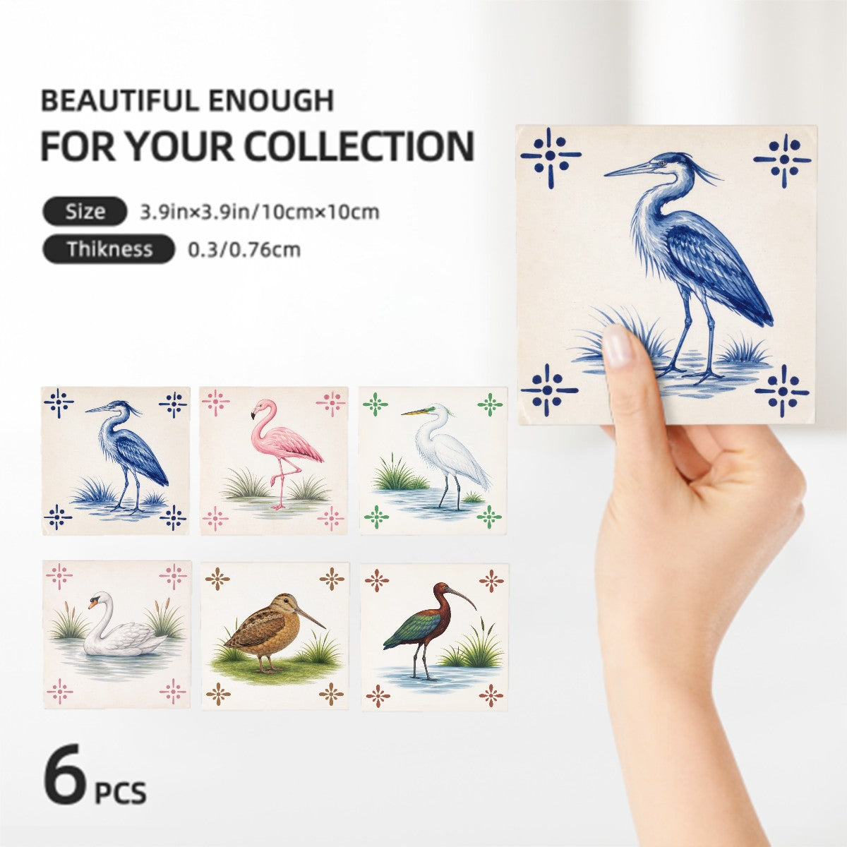 Birds of New York Azulejos Tile-Style 6 piece Square Coaster Set