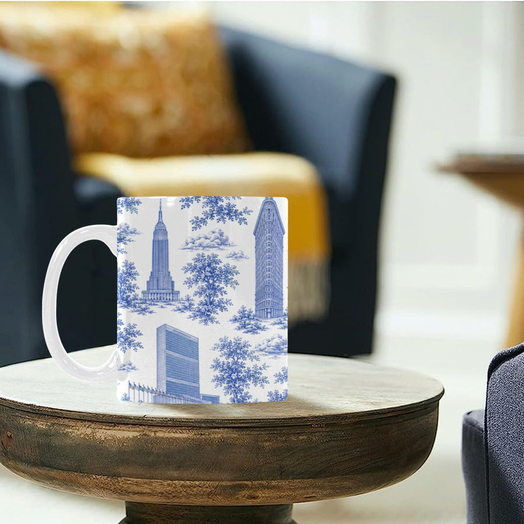 Manhattan Blue Toile de Jouy Mug with One World Trade | New York City Chinoiserie Ceramic Mug Custom White Mug (11oz)