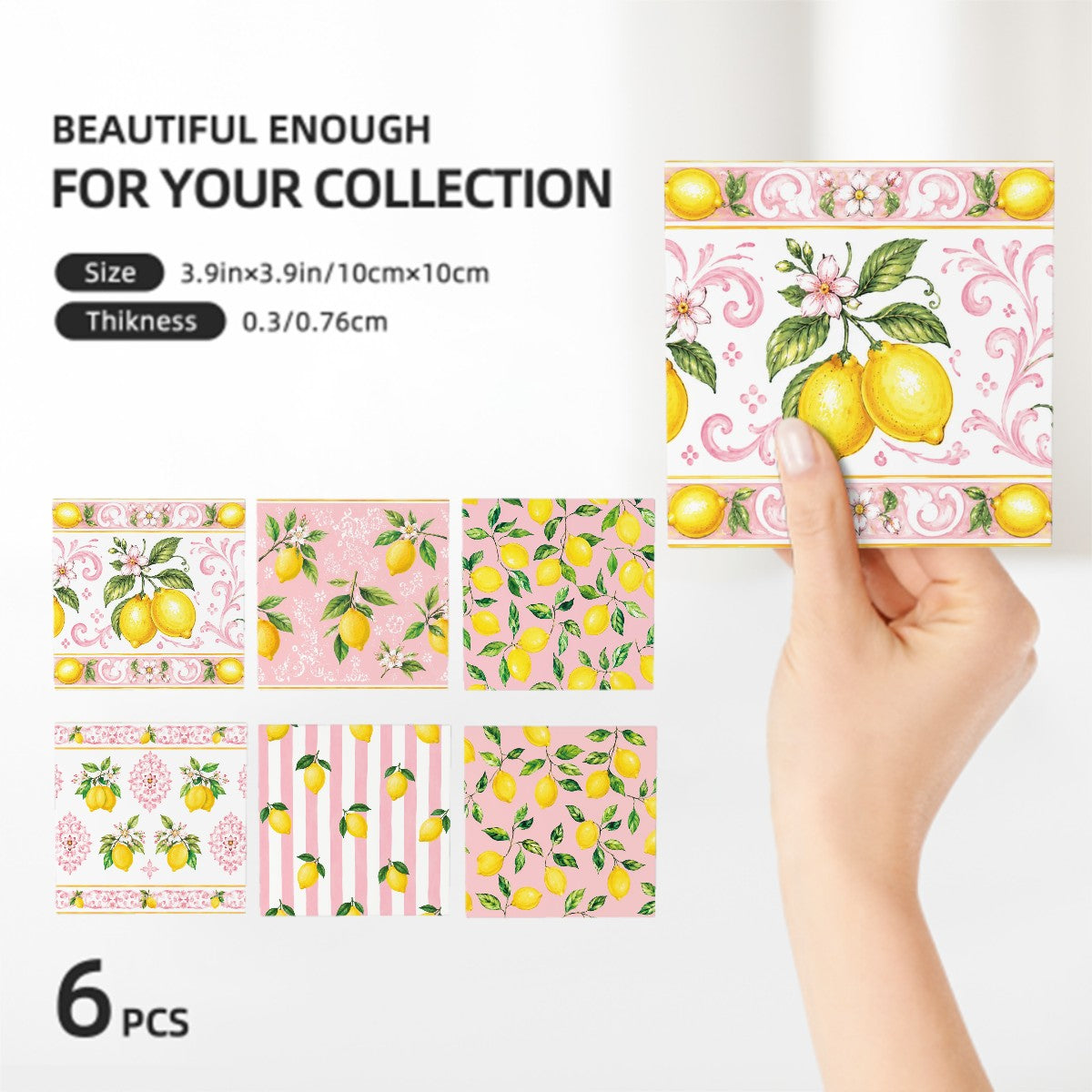Little Italy Amalfi Pink with Lemon Majolica Tile-Style Coaster Set of Six