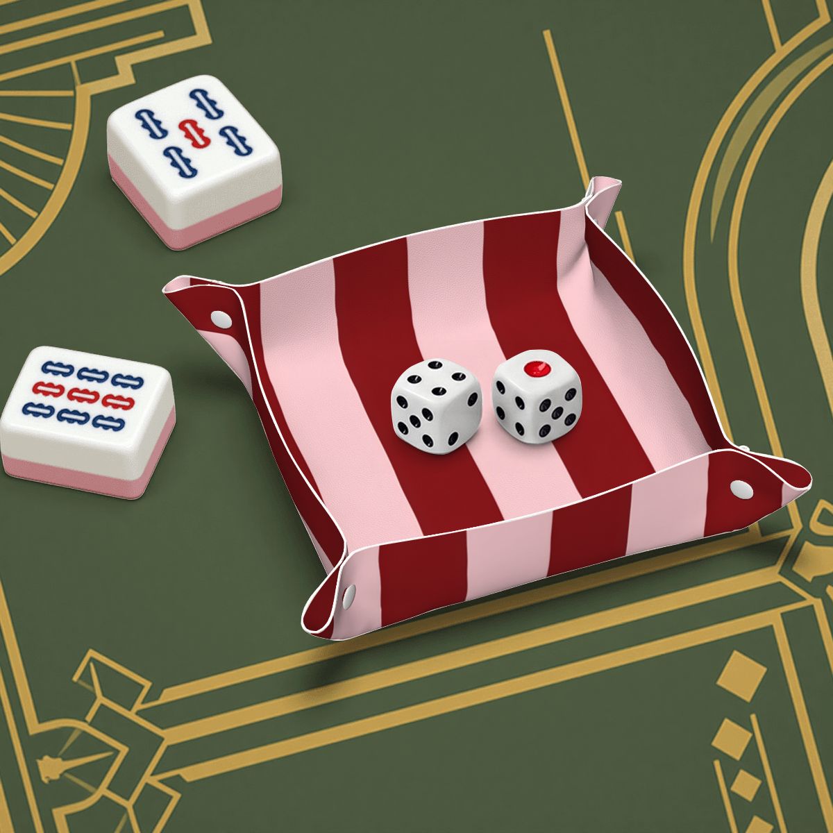 Blush and Maroon Stripes PVC Leather Mahjong Dice Tray