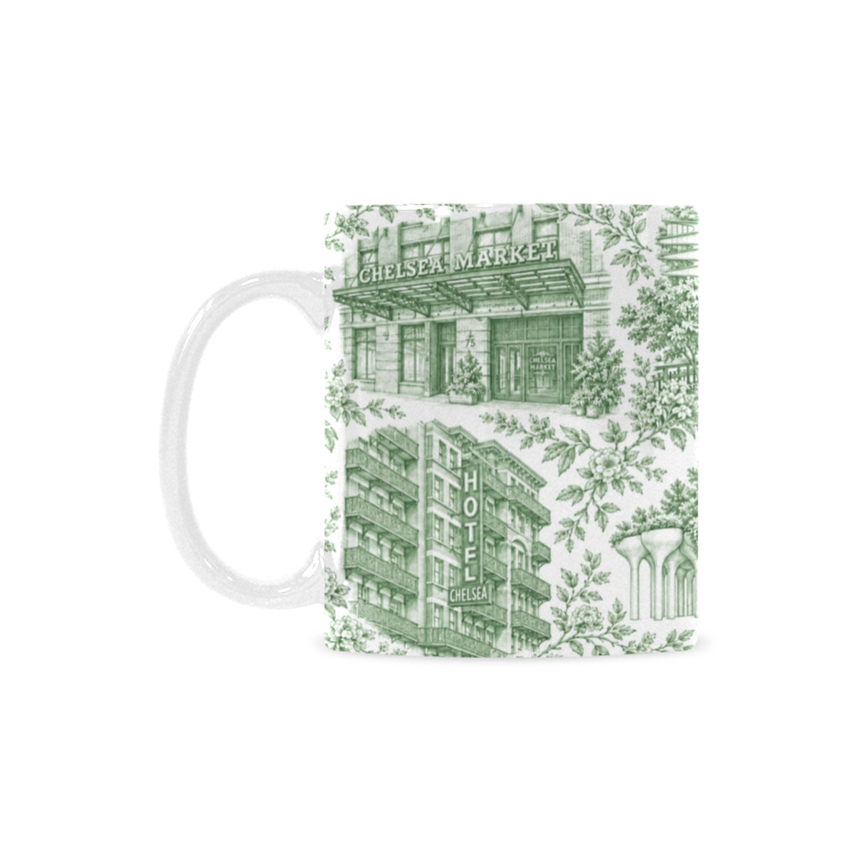 Chelsea Green Toile De Jouy Mug | Manhattan Chinoiserie Coffee Cup Custom White Mug (11oz)