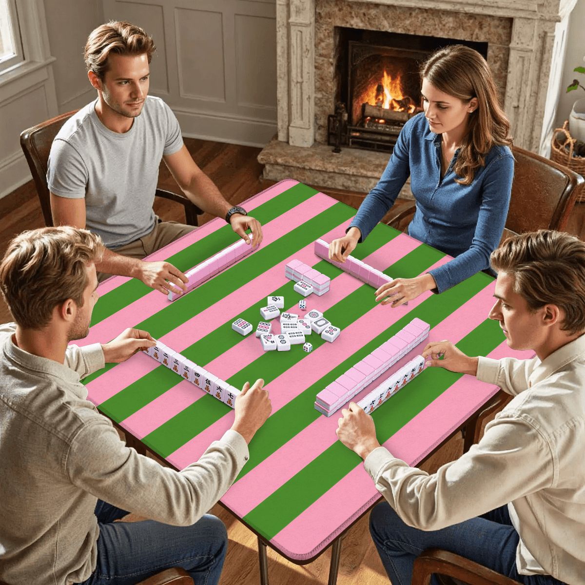Pink and Green Stripes Mahjong Mat 31.5"x31.5" (Ship Folded)