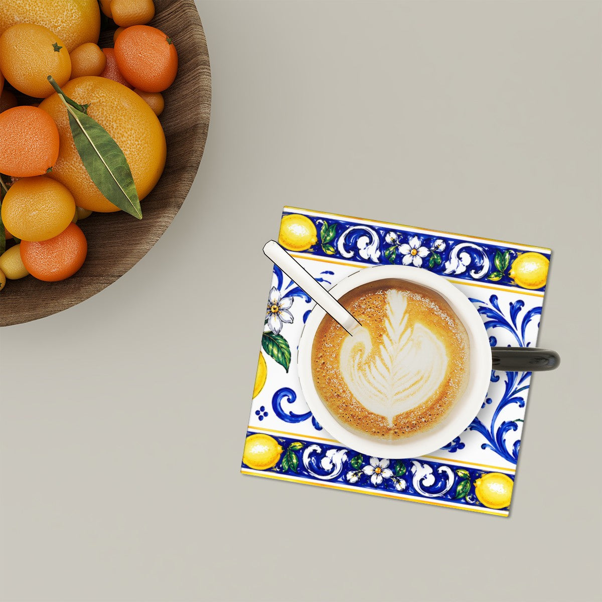 Little Italy Amalfi Blue and White with Lemon Majolica Tile-Style Coaster Set of Six