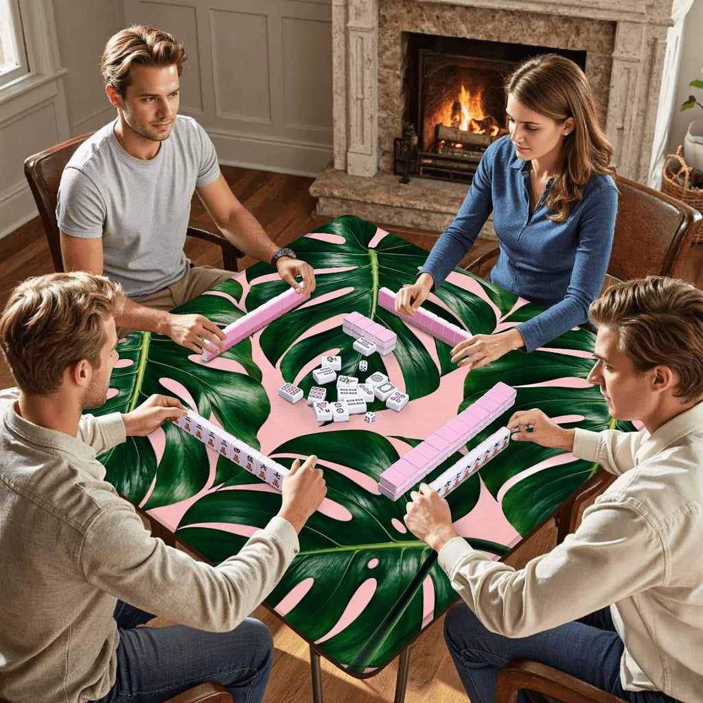 Green Monstera on Pink Mahjong Mat 31.5"x31.5" (Ship Folded)