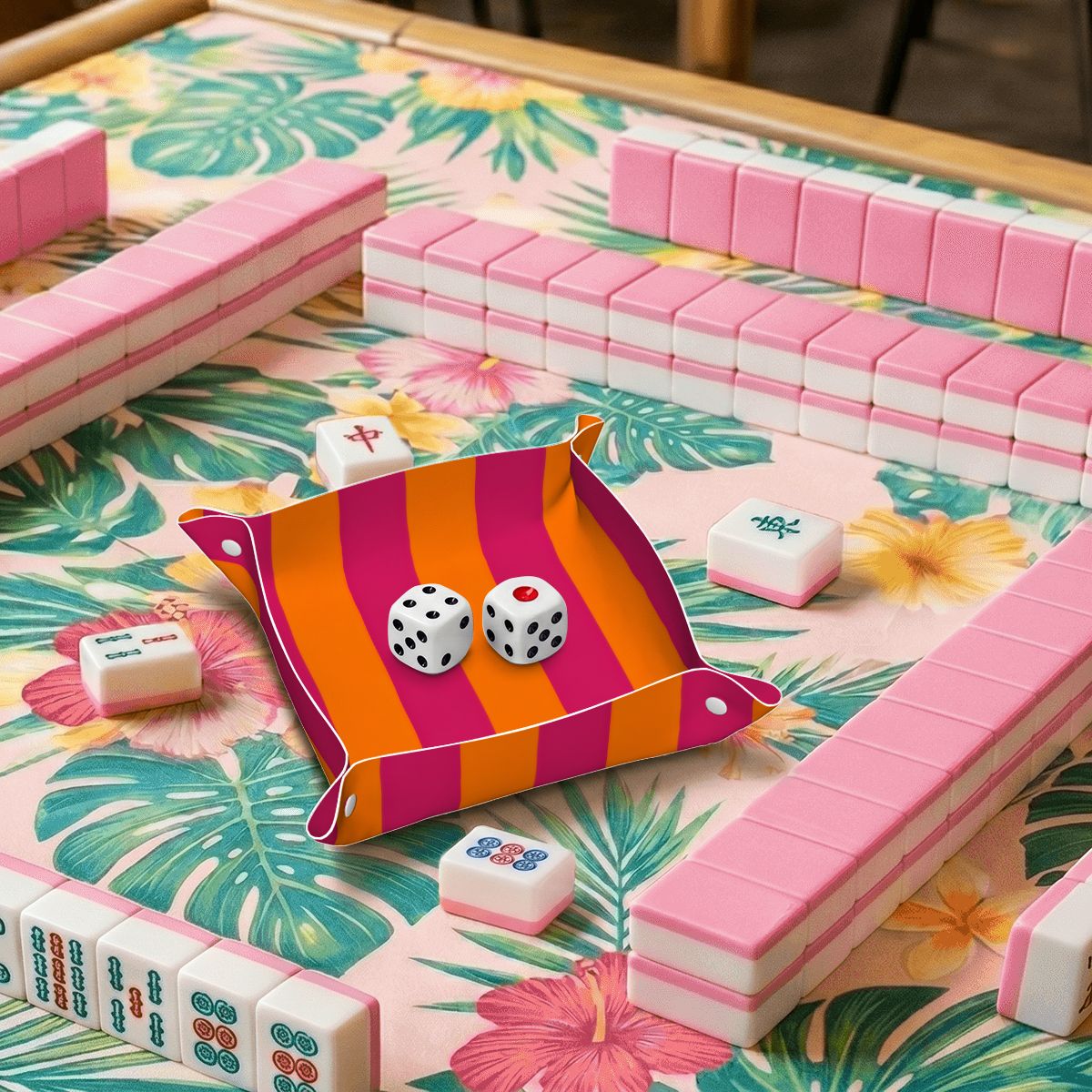 Bright Orange and Pink Stripes PVC Leather Mahjong Dice Tray