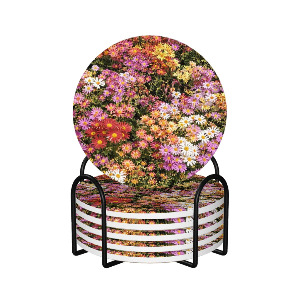 Central Park Korean Chrysanthemum Flowers Round Ceramic Coasters Set of Six