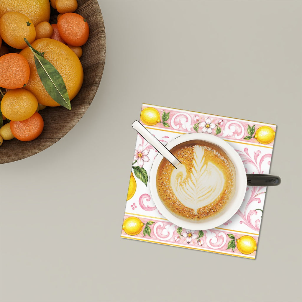 Little Italy Amalfi Pink with Lemon Majolica Tile-Style Coaster Set of Six