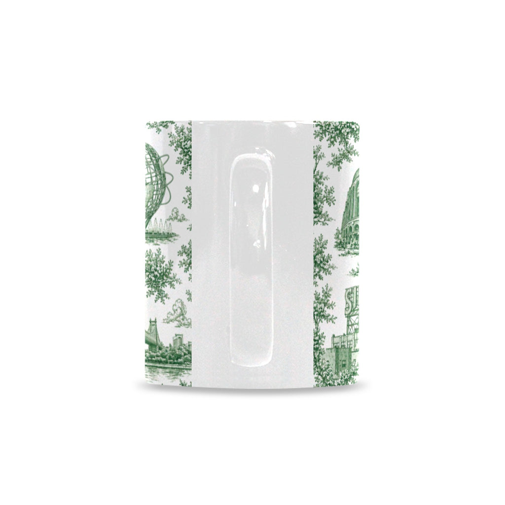 Queens Green Toile de Jouy Mug | New York City Chinoiserie Ceramic Coffee Cup Custom White Mug (11oz)